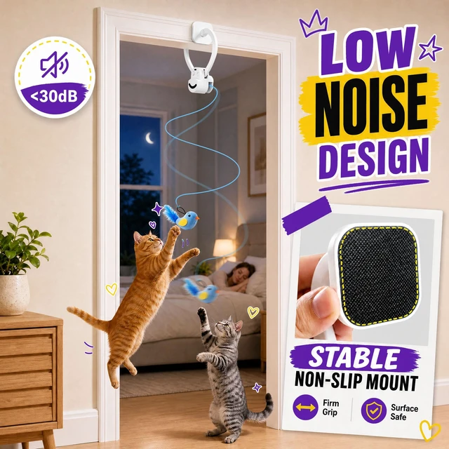 Alt view image 5 of 7 - Interactive Cat Toys for Indoor Cats, Clip-On Automatic Flying Bird | USB Rechargeable Self-Play with Interchangeable Bird & Mouse Attachments for Bored Kittens and Adult Cats