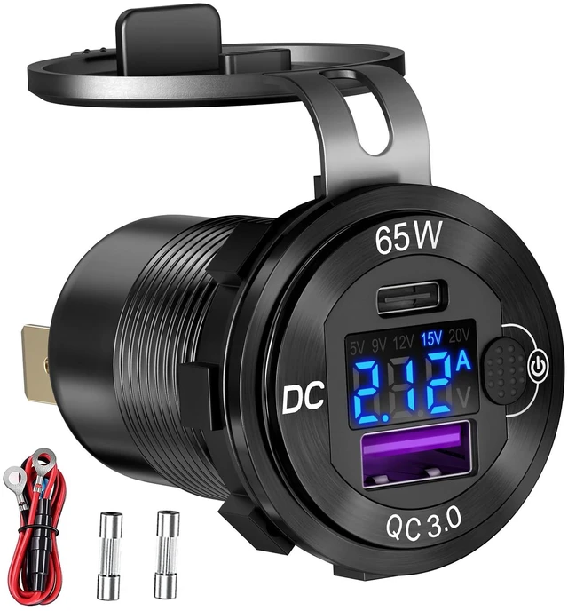 Main image of 83W 12V USB Outlet, USB C Car Charger Socket with 65W PD3.0 & QC3.0 | Panel Mount USB Charging Port with Voltmeter, Power Switch, Aluminum Alloy for Car, RV, Marine, Truck, Golf Cart