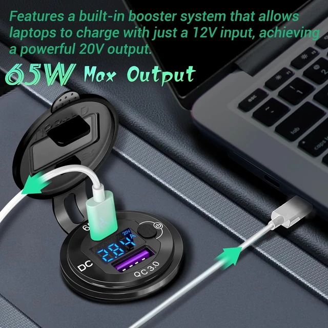 Alt view image 2 of 7 - 83W 12V USB Outlet, USB C Car Charger Socket with 65W PD3.0 & QC3.0 | Panel Mount USB Charging Port with Voltmeter, Power Switch, Aluminum Alloy for Car, RV, Marine, Truck, Golf Cart