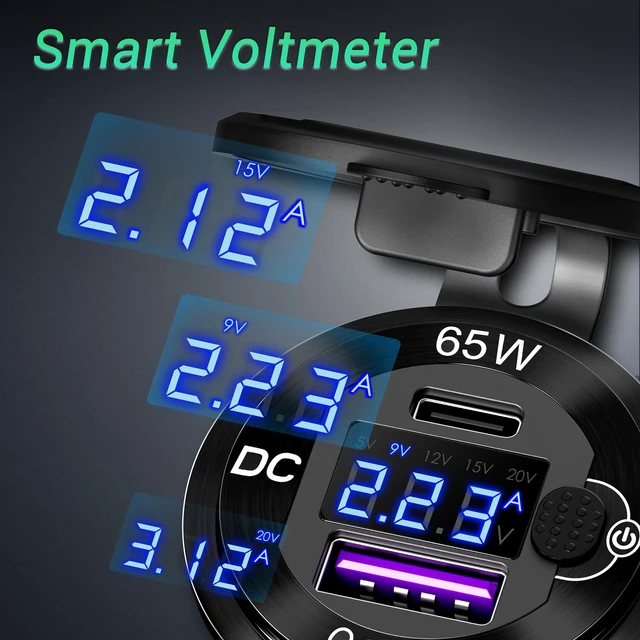 Alt view image 4 of 7 - 83W 12V USB Outlet, USB C Car Charger Socket with 65W PD3.0 & QC3.0 | Panel Mount USB Charging Port with Voltmeter, Power Switch, Aluminum Alloy for Car, RV, Marine, Truck, Golf Cart