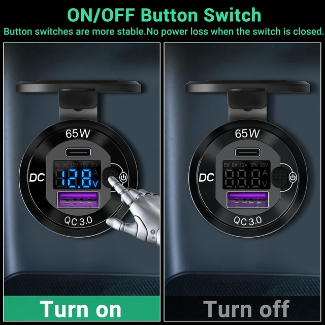 Alt view image 6 of 7 - 83W 12V USB Outlet, USB C Car Charger Socket with 65W PD3.0 & QC3.0 | Panel Mount USB Charging Port with Voltmeter, Power Switch, Aluminum Alloy for Car, RV, Marine, Truck, Golf Cart