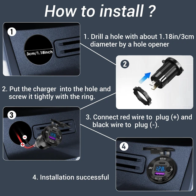 Alt view image 7 of 7 - 83W 12V USB Outlet, USB C Car Charger Socket with 65W PD3.0 & QC3.0 | Panel Mount USB Charging Port with Voltmeter, Power Switch, Aluminum Alloy for Car, RV, Marine, Truck, Golf Cart
