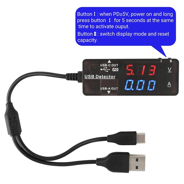 Alt view image 3 of 7 - USB Tester, USB-A USB-C 2.0 Multimeter Dual USB Ports PD QC 3.0 Battery Charger Monitor, Copper Alligator Clips with Wire Female and Male USB Connector Test Leads for Testing Circuit 2x18AWG 3-5A