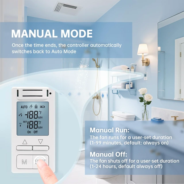 Alt view image 5 of 7 - Smart Humidity Sensor Switch, Auto Bathroom Fan Control with Real-Time LCD Display, for Bathroom Basement Garage Moisture Protection, Neutral Wire Required
