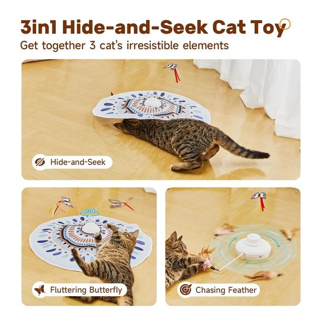 Alt view image 2 of 6 - Cat Toys Chargeable, 3in1 Hide and Seek for Kittens, Interactive Automatic Play, Fluttering Butterfly, Moving Wand Feather, Indoor Kitty Exercise 22.8 Inch Cover for All Breeds
