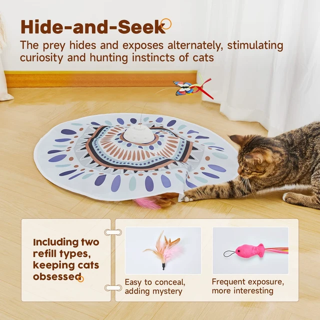Alt view image 3 of 6 - Cat Toys Chargeable, 3in1 Hide and Seek for Kittens, Interactive Automatic Play, Fluttering Butterfly, Moving Wand Feather, Indoor Kitty Exercise 22.8 Inch Cover for All Breeds