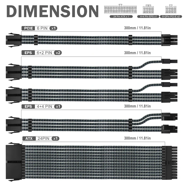 Alt view image 2 of 7 - 18AWG PSU Cable Extension GPU PC Power Supply Braided Cables, 1x24Pin ATX/1x8Pin(4+4) EPS/2x8Pin(6+2) PCIE Extension Cable -30CM
