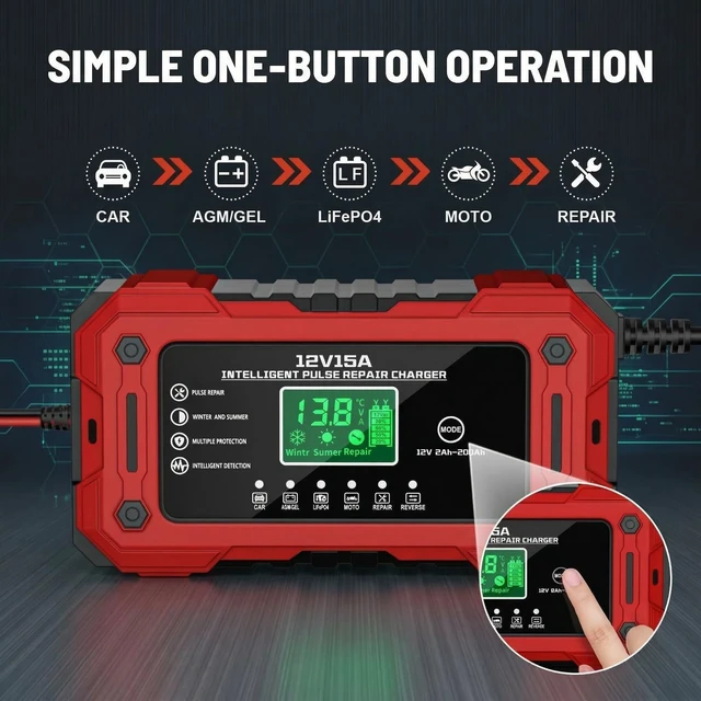 Alt view image 5 of 7 - Car Battery Charger 12V 15A Smart Trickle Charger Fully Automatic | Battery Maintainer with Temperature Compensation LCD Display 8-Layer Protection for Car Truck Motorcycle Lawn Mower Boat