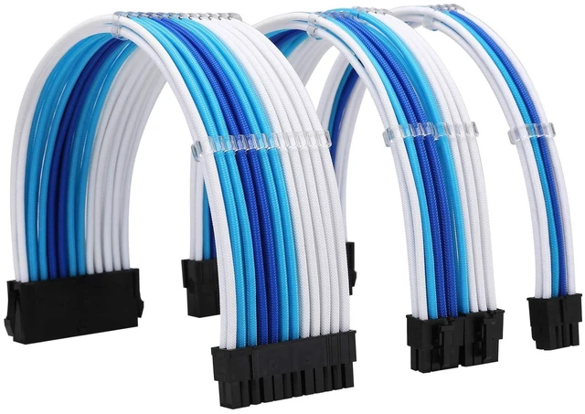 Main image of PSU Cable Extension Kit 18AWG Sleeved, 24 Pin ATX + 8 Pin EPS + Dual 8 Pin PCI-E, Custom PC Cable Extensions with Combs for Clean Cable Management & Gaming PC Build (White Sky Blue Blue)