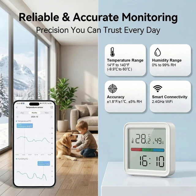 Alt view image 6 of 7 - WiFi Thermometer Hygrometer Digital with App Alerts Data Export | Smart Temperature Humidity Sensor with LED Backlit Display, Indoor Thermometer for Home Baby Room Greenhouse Wine Cellar