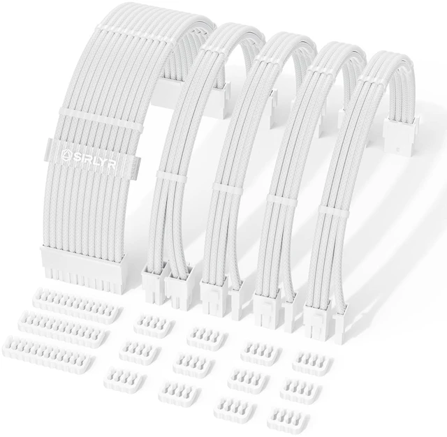Main image of PSU Cable Extension Kit,One Way Bend Design PC Cables - Bright White Braided 1x 24Pin ATX / 2X 8 (4+4) Pin EPS/Gold-Plated 2X 8 (6+2) Pin PCIE for Power Supply,16AWG 5 Kits