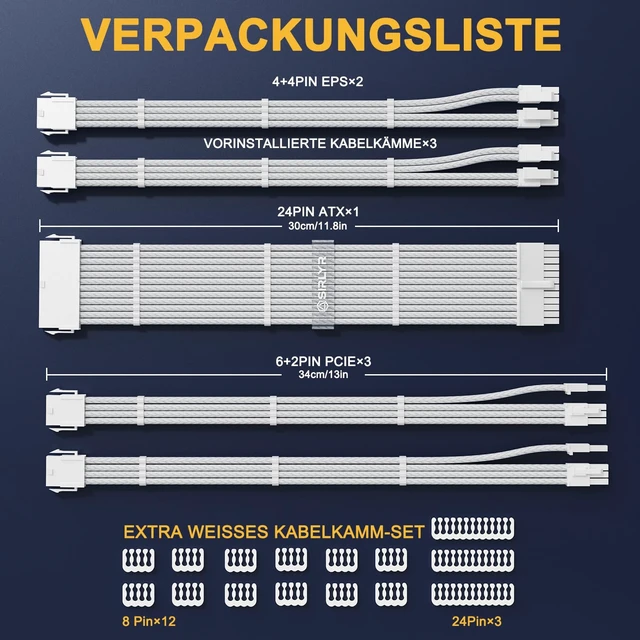 Alt view image 7 of 7 - PSU Cable Extension Kit,One Way Bend Design PC Cables - Bright White Braided 1x 24Pin ATX / 2X 8 (4+4) Pin EPS/Gold-Plated 2X 8 (6+2) Pin PCIE for Power Supply,16AWG 5 Kits