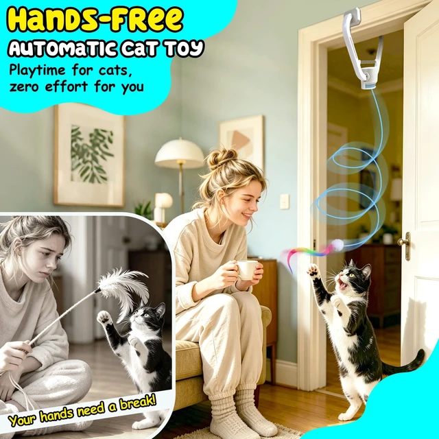 Alt view image 2 of 7 - Automatic Interactive Cat Toy for Indoor Cats, Doorway Cat Kittens Toys | Moving Flying Enrichment Cat Feather Toys, 360° Rotation, Random Jumping, Door Clip Design, 2 Motion Modes