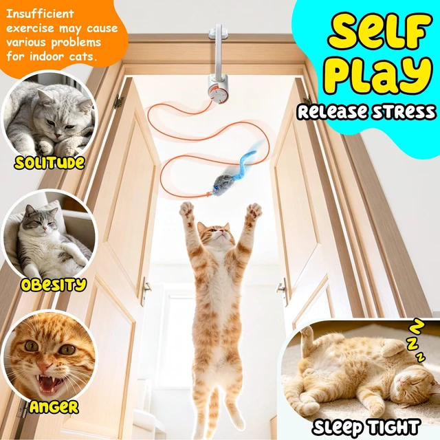 Alt view image 3 of 7 - Automatic Interactive Cat Toy for Indoor Cats, Doorway Cat Kittens Toys | Moving Flying Enrichment Cat Feather Toys, 360° Rotation, Random Jumping, Door Clip Design, 2 Motion Modes