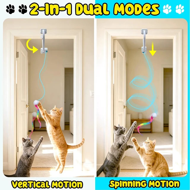 Alt view image 4 of 7 - Automatic Interactive Cat Toy for Indoor Cats, Doorway Cat Kittens Toys | Moving Flying Enrichment Cat Feather Toys, 360° Rotation, Random Jumping, Door Clip Design, 2 Motion Modes