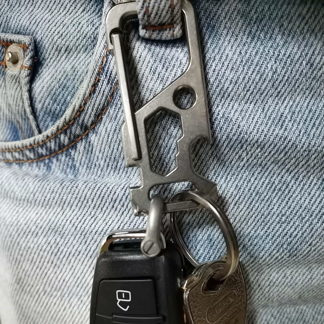 Alt view image 3 of 7 - Titanium Carabiner Clip,Multifunctional EDC Keychain with D Ring | This Keychain functions as a bottle opener, flathead screwdriver, Phillips screwdriver, wrench, and bicycle spoke wrench