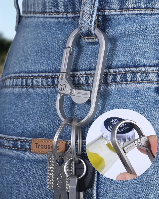 Alt view image 6 of 7 - Titanium Carabiner Keychain Clip, Minimalist Keychain Key Clip, EDC Quick Release Hooks with Bottle Opener, Gift for Men (Sliver)