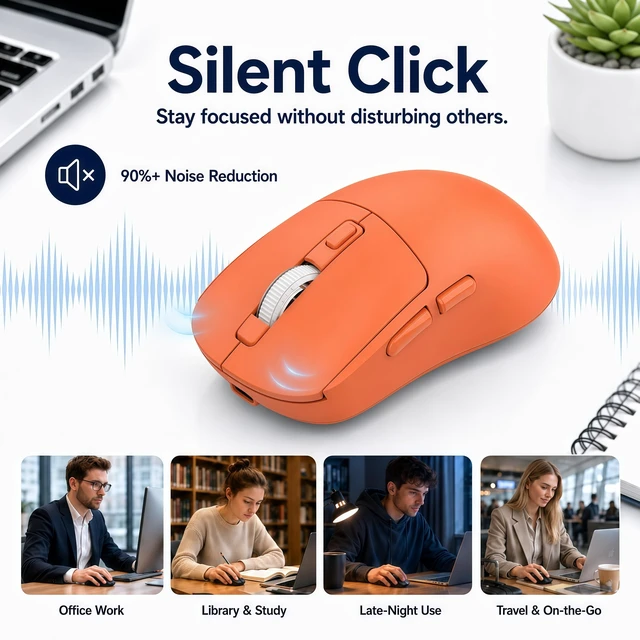 Alt view image 6 of 7 - -M1 Bluetooth Wireless Mouse for MacBook/Laptop/Mac - Orange | 4-Mode Connections Multi-Device, 3-level DPI, Mouse Jiggler, Silent Click, Ergonomic, Side Buttons, Type-C Rechargeable