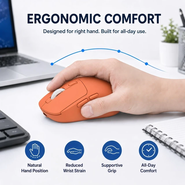 Alt view image 5 of 7 - -M1 Bluetooth Wireless Mouse for MacBook/Laptop/Mac - Orange | 4-Mode Connections Multi-Device, 3-level DPI, Mouse Jiggler, Silent Click, Ergonomic, Side Buttons, Type-C Rechargeable