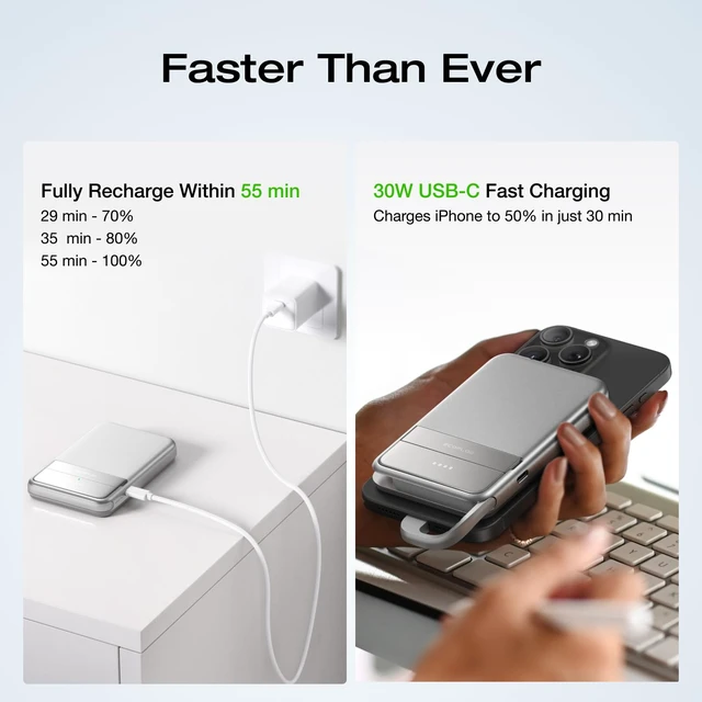 Alt view image 4 of 7 - Rapid Mag Power Bank, 5,000mAh Qi2 Certified Portable Charger | magsafe portable charger 30W Max Fast Charging Battery Pack with Built-in USB-C Cable & Stand for iPhone16/15/14/13/12