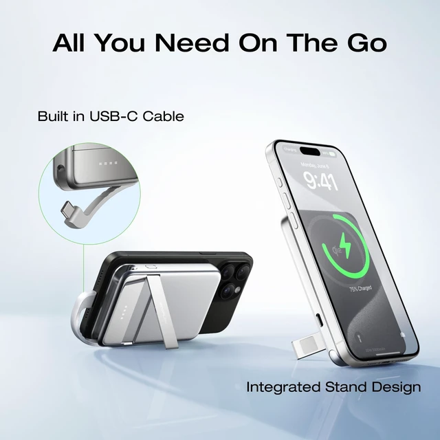 Alt view image 5 of 7 - Rapid Mag Power Bank, 5,000mAh Qi2 Certified Portable Charger | magsafe portable charger 30W Max Fast Charging Battery Pack with Built-in USB-C Cable & Stand for iPhone16/15/14/13/12