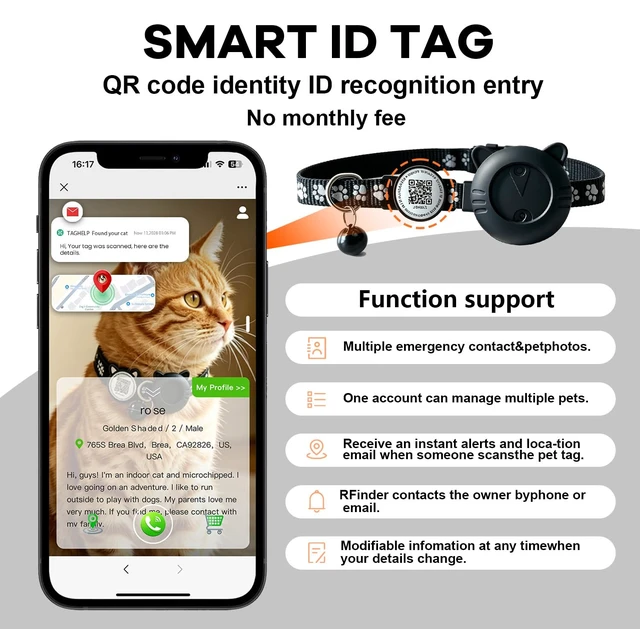 Alt view image 3 of 7 - Smart GPS Cat Tracker Collar with QR Code - Waterproof Pet Locator for Small to Large Cats - Compatible with Apple Find My - No Monthly Fees - Advanced Tracking Solution