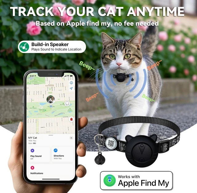Alt view image 2 of 7 - Smart GPS Cat Tracker Collar with QR Code - Waterproof Pet Locator for Small to Large Cats - Compatible with Apple Find My - No Monthly Fees - Advanced Tracking Solution