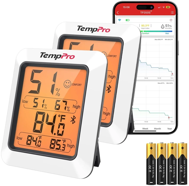 Main image of TempAir Bluetooth Hygrometer Thermometer for Greenhouse Up to 260ft | Room Indoor Thermometer Humidity Monitor, Humidity Meter Temperature Sensor with 2-Year Data Export&Large Backlit Screen, 2PC