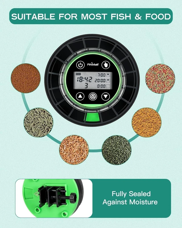 Alt view image 6 of 7 - Automatic Fish Feeder for Aquarium Portion Control & Moisture-Proof | USB-C Rechargeable Auto Fish Food Dispenser with Timer, LCD Display, Vacation Precision Feeding for Small Tank Betta Turtle