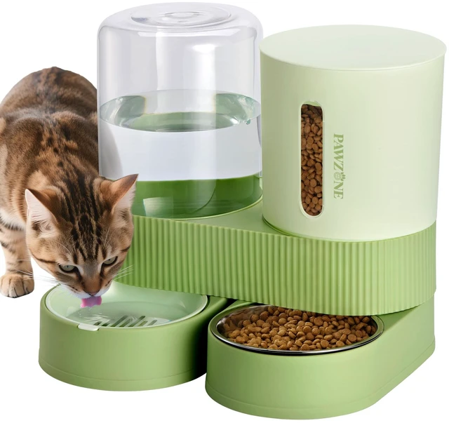 Main image of Automatic Cat Feeder Stainless Steel Water Dispenser Gravity Food Feeder and Waterer Set with Pet Food Bowl for Small Medium Kitten Puppy Pets Large Capacity(Green)