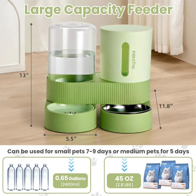 Alt view image 2 of 7 - Automatic Cat Feeder Stainless Steel Water Dispenser Gravity Food Feeder and Waterer Set with Pet Food Bowl for Small Medium Kitten Puppy Pets Large Capacity(Green)