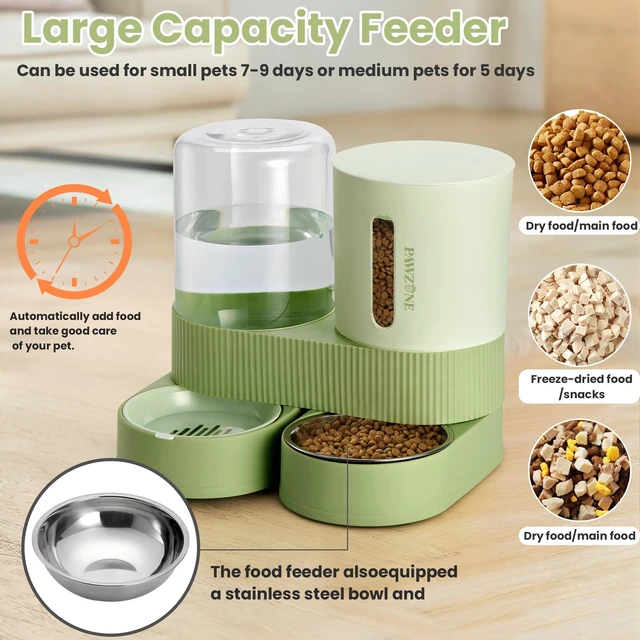 Alt view image 3 of 7 - Automatic Cat Feeder Stainless Steel Water Dispenser Gravity Food Feeder and Waterer Set with Pet Food Bowl for Small Medium Kitten Puppy Pets Large Capacity(Green)