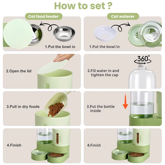 Alt view image 5 of 7 - Automatic Cat Feeder Stainless Steel Water Dispenser Gravity Food Feeder and Waterer Set with Pet Food Bowl for Small Medium Kitten Puppy Pets Large Capacity(Green)