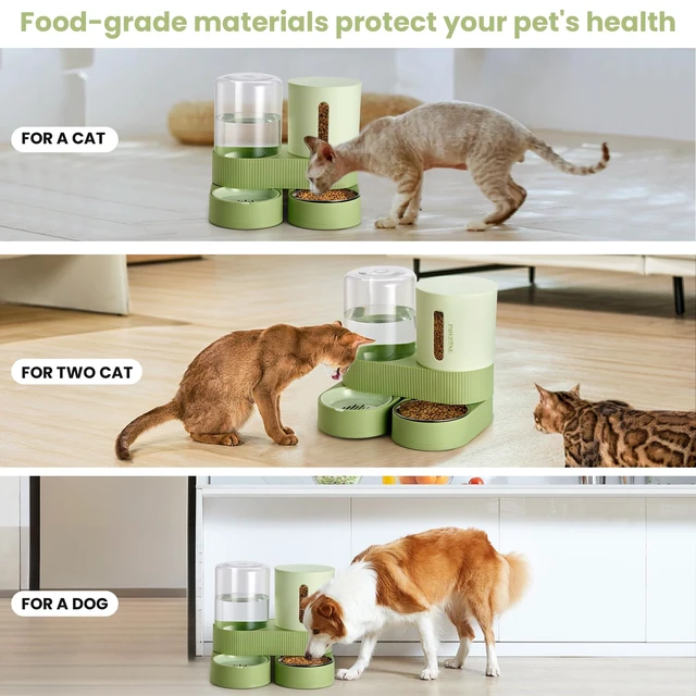 Alt view image 6 of 7 - Automatic Cat Feeder Stainless Steel Water Dispenser Gravity Food Feeder and Waterer Set with Pet Food Bowl for Small Medium Kitten Puppy Pets Large Capacity(Green)