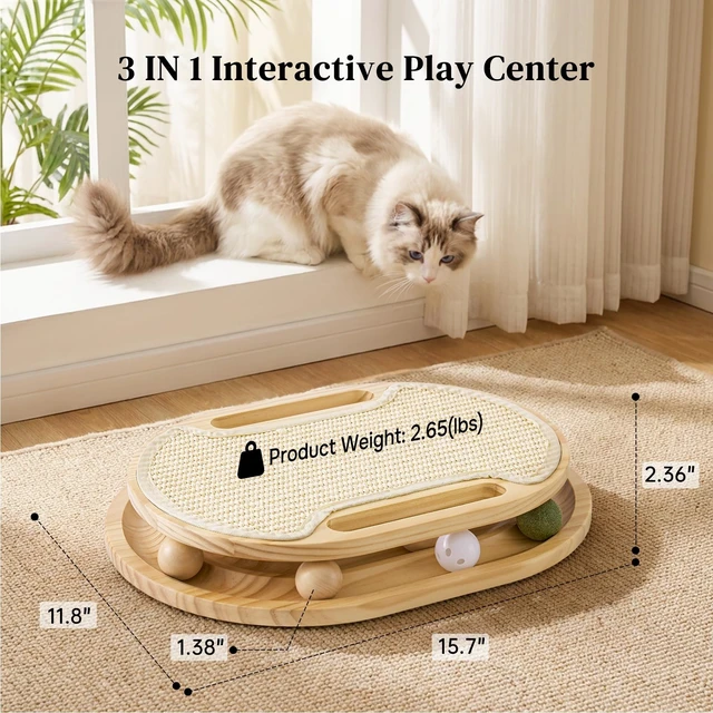 Alt view image 2 of 7 - Cat Scratcher with Ball Track Toy, Sisal Scratch Pad for Indoor Use | Wooden Interactive Cat Puzzle Toys for Adult Cats, Kitten Mental Stimulation Self Play Home Enrichment, Spinning Balls