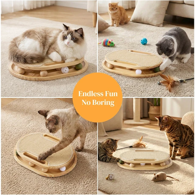 Alt view image 7 of 7 - Cat Scratcher with Ball Track Toy, Sisal Scratch Pad for Indoor Use | Wooden Interactive Cat Puzzle Toys for Adult Cats, Kitten Mental Stimulation Self Play Home Enrichment, Spinning Balls