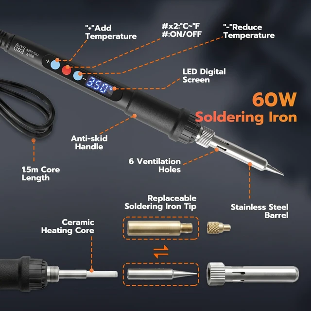 Alt view image 2 of 7 - Heat Set Insert Tools kit with 60W Soldering Iron & 380 Pcs Threaded Insert | With quick change M2-M8 sizes heat insert tips & brass nuts for plastic & 3D printing heat embedding