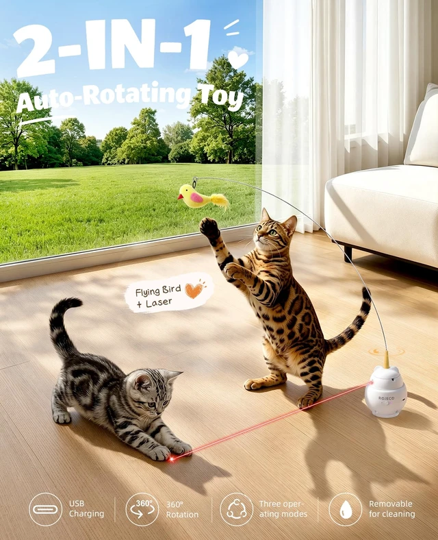 Alt view image 2 of 7 - 2-in-1 Cat Laser Toy, Flying Bird Interactive Toy for Indoor Cats | 360° Auto Rotation,3 Play Modes,Independently Controlled Laser,Replaceable Bird Accessory,Engaging Play For Bored Indoor Cats
