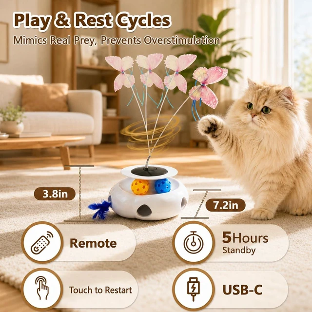 Alt view image 2 of 7 - 3-in-1 Interactive Cat Toy with Remote Control, Butterfly Wand & Automatic retractable feathers & Rolling Ball Track, Multi-functional Cat Toy for Indoor Cats, Suitable for Bored kitten, white
