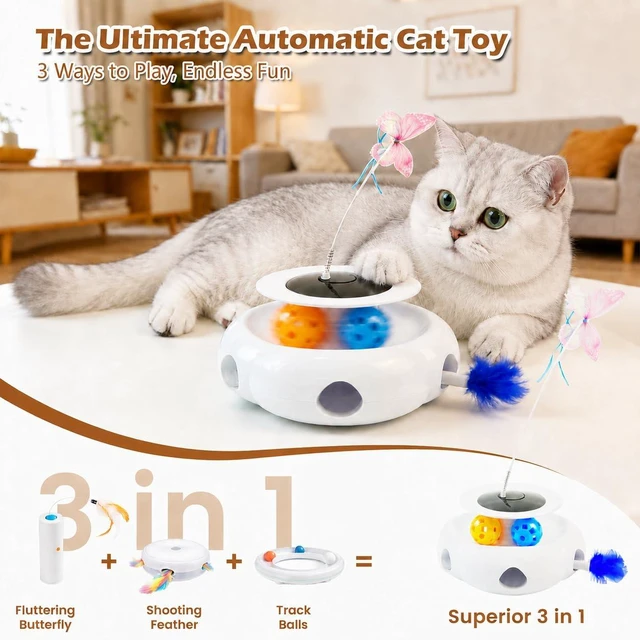 Alt view image 3 of 7 - 3-in-1 Interactive Cat Toy with Remote Control, Butterfly Wand & Automatic retractable feathers & Rolling Ball Track, Multi-functional Cat Toy for Indoor Cats, Suitable for Bored kitten, white
