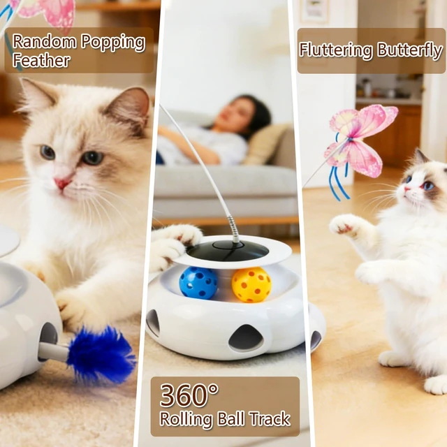 Alt view image 4 of 7 - 3-in-1 Interactive Cat Toy with Remote Control, Butterfly Wand & Automatic retractable feathers & Rolling Ball Track, Multi-functional Cat Toy for Indoor Cats, Suitable for Bored kitten, white
