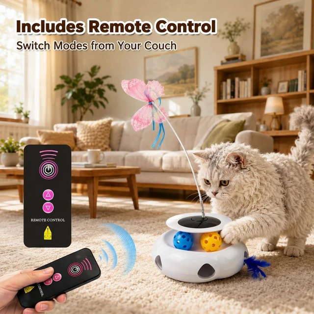 Alt view image 5 of 7 - 3-in-1 Interactive Cat Toy with Remote Control, Butterfly Wand & Automatic retractable feathers & Rolling Ball Track, Multi-functional Cat Toy for Indoor Cats, Suitable for Bored kitten, white