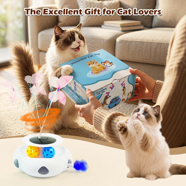Alt view image 6 of 7 - 3-in-1 Interactive Cat Toy with Remote Control, Butterfly Wand & Automatic retractable feathers & Rolling Ball Track, Multi-functional Cat Toy for Indoor Cats, Suitable for Bored kitten, white