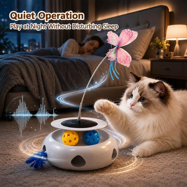 Alt view image 7 of 7 - 3-in-1 Interactive Cat Toy with Remote Control, Butterfly Wand & Automatic retractable feathers & Rolling Ball Track, Multi-functional Cat Toy for Indoor Cats, Suitable for Bored kitten, white