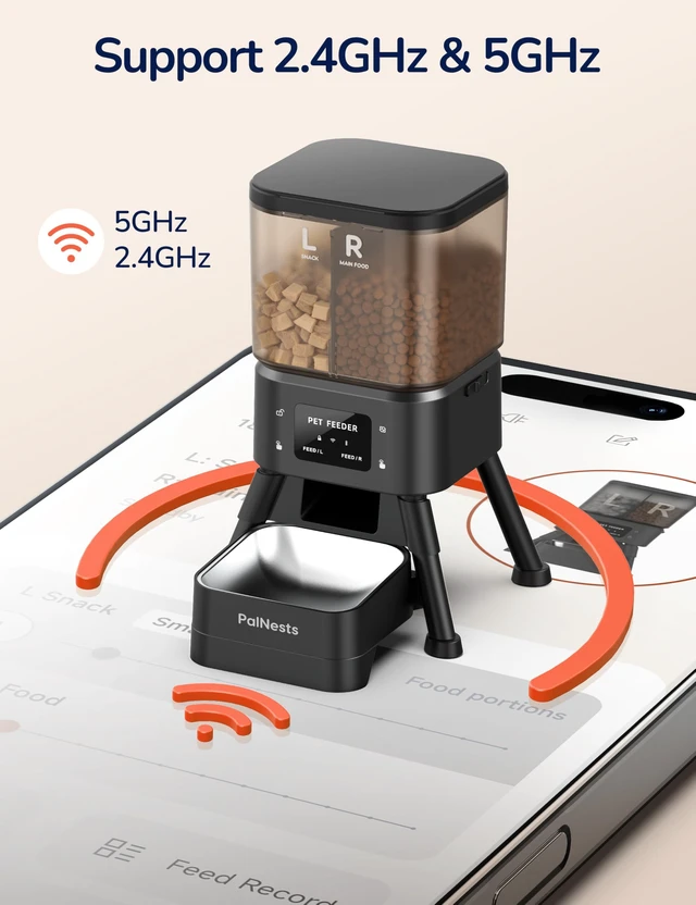 Alt view image 2 of 7 - Dual Chamber Automatic Cat Feeder 4L, Dry/Treat Portion | Pet Food Dispenser with 2.4&5G WiFi App, Custom Schedule & Portion Control for Dry Food and Treats, Black