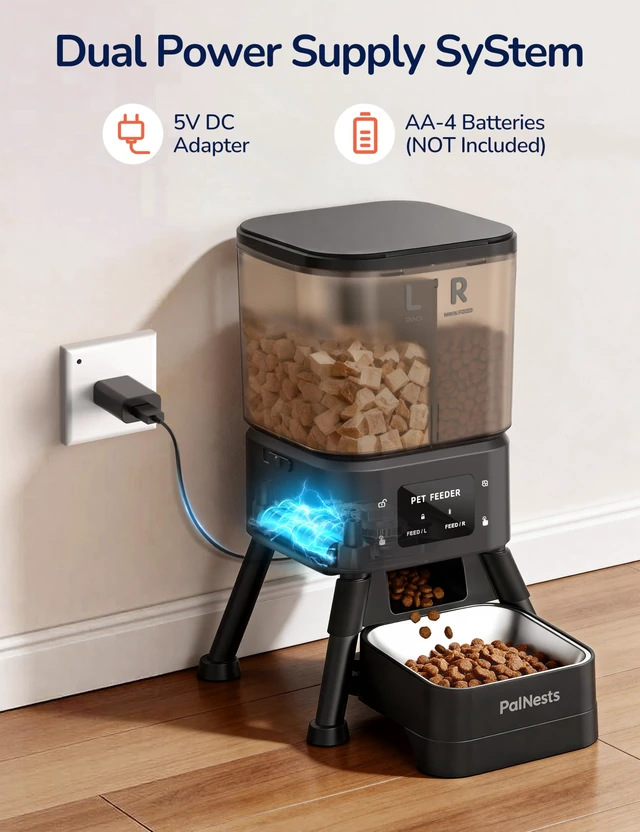 Alt view image 6 of 7 - Dual Chamber Automatic Cat Feeder 4L, Dry/Treat Portion | Pet Food Dispenser with 2.4&5G WiFi App, Custom Schedule & Portion Control for Dry Food and Treats, Black