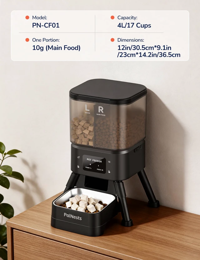 Alt view image 7 of 7 - Dual Chamber Automatic Cat Feeder 4L, Dry/Treat Portion | Pet Food Dispenser with 2.4&5G WiFi App, Custom Schedule & Portion Control for Dry Food and Treats, Black