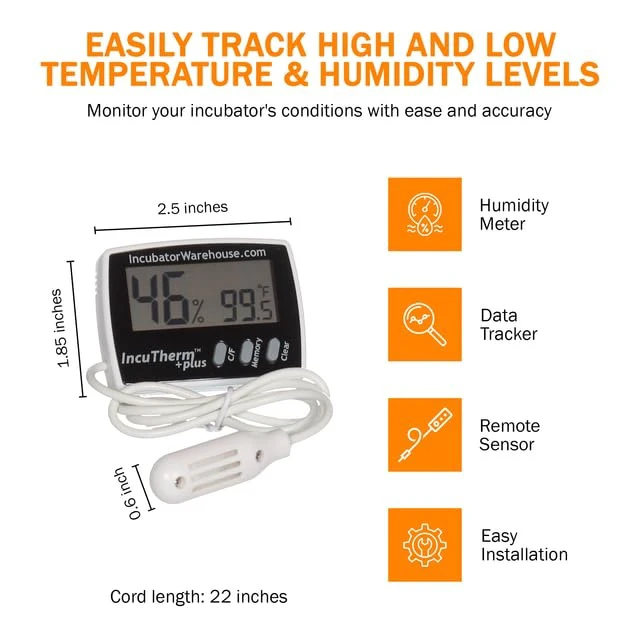 Alt view image 3 of 7 - Plus Digital Thermometer and Hygrometer for Egg Incubator | Large Digital Display with Min/Max Memory, Remote Sensor Probe, Reads Celsius and Fahrenheit +/-1° 1109, Easy Installation