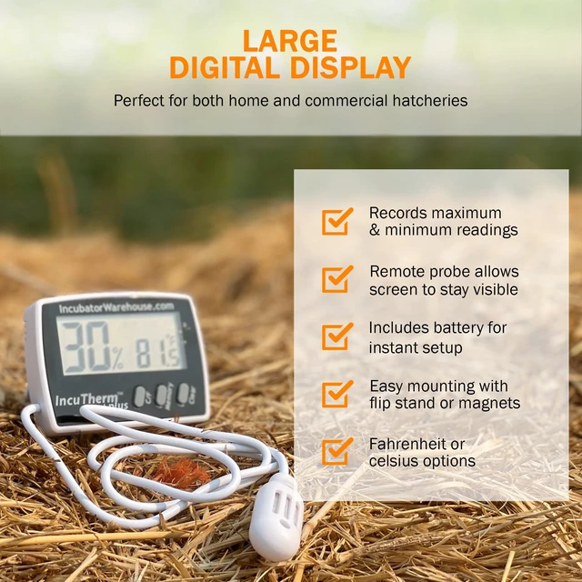 Alt view image 5 of 7 - Plus Digital Thermometer and Hygrometer for Egg Incubator | Large Digital Display with Min/Max Memory, Remote Sensor Probe, Reads Celsius and Fahrenheit +/-1° 1109, Easy Installation