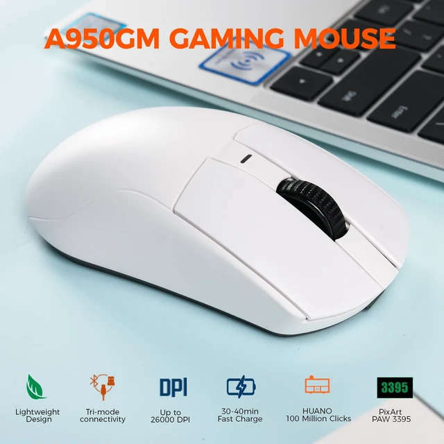 Alt view image 2 of 7 - A950GM Tri-Mode Wireless Gaming Mouse,26K DPI,60g Lightweight | P3395 Optical Sensor,30-40min Fast Charge,2.4G/BT/Wired,5 Programmable Buttons,128H playtime,Symmetrical,for PC/Laptop/Mac